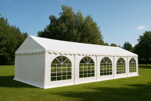 partytält för uthyrning – Bord och Stol Skåne Vitt partytält 5x10m pvc 900 uppställt utomhus på gräsmatta.