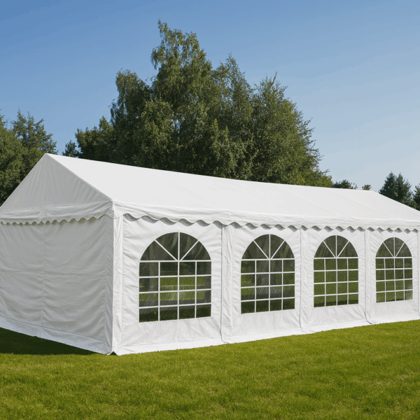Partytält 5×8 m – Vit PVC Partytält 5×8 m i vit PVC uppställt i trädgård – hyra tält Malmö