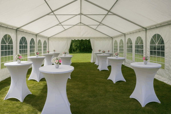 Partytält för uthyrning – Bord och Stol Skåne vit partytält uppställt utomhus på grässmatta med ståbord