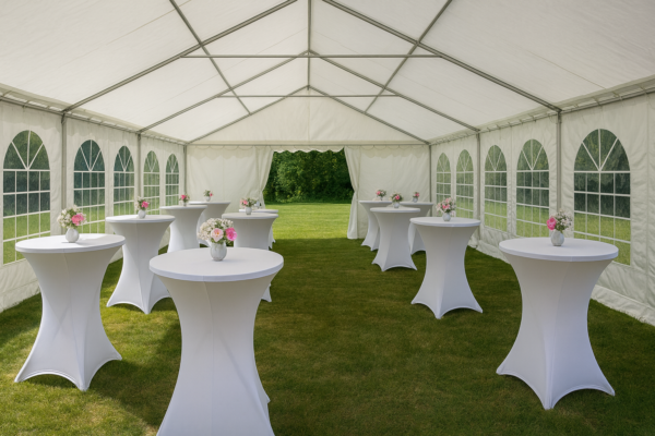 Interiör av eventtält med ståbord – Bord och Stol Skåne Interiör av vitt eventtält med ståbord och överdrag, uppställt för event.
