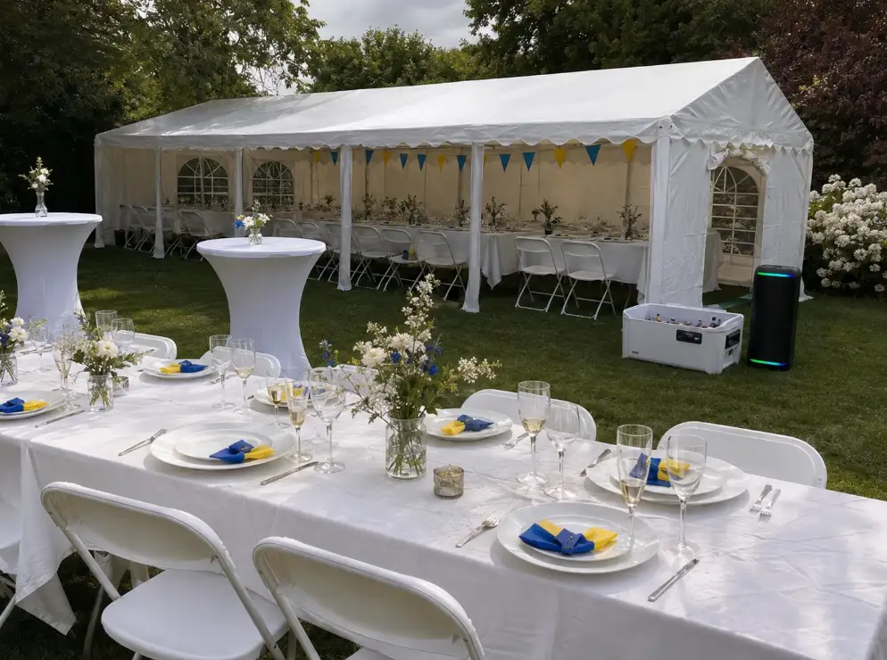 Eventpaket med partytält, bord och stolar