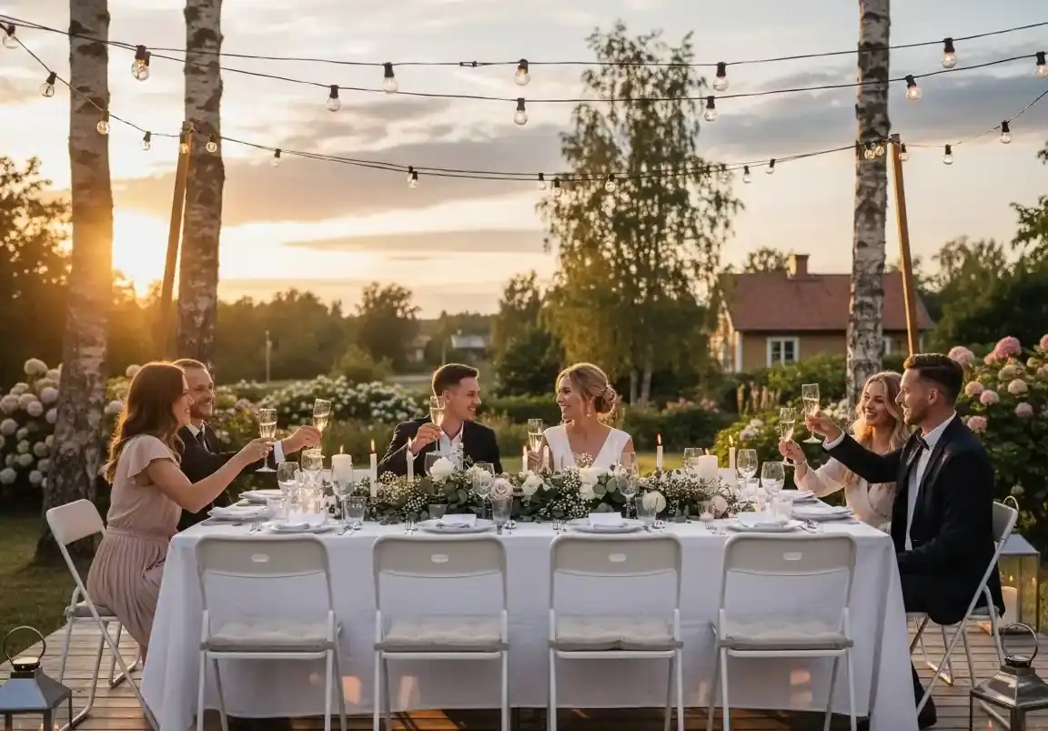 Bröllopsdukning med hyrda bord, stolar och porslin i Skåne